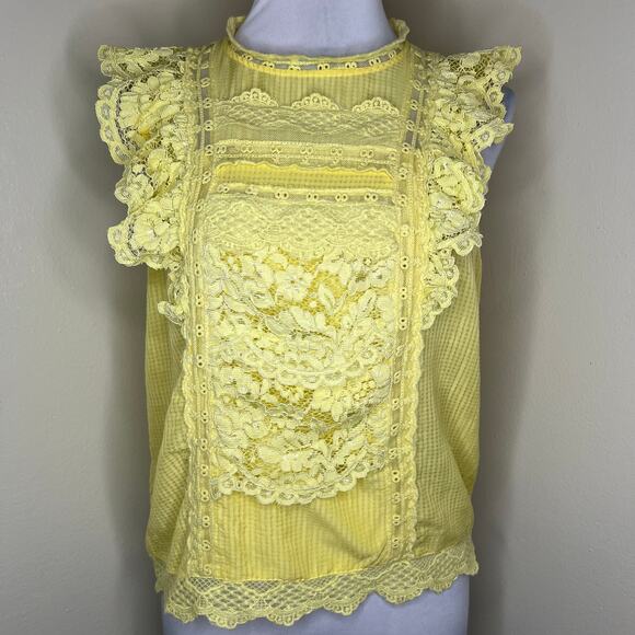 Anthropologie Maeve Victoria Blouse 8 Yellow Lace Ruffle Sleeveless Keyhole Chic - Picture 1 of 11